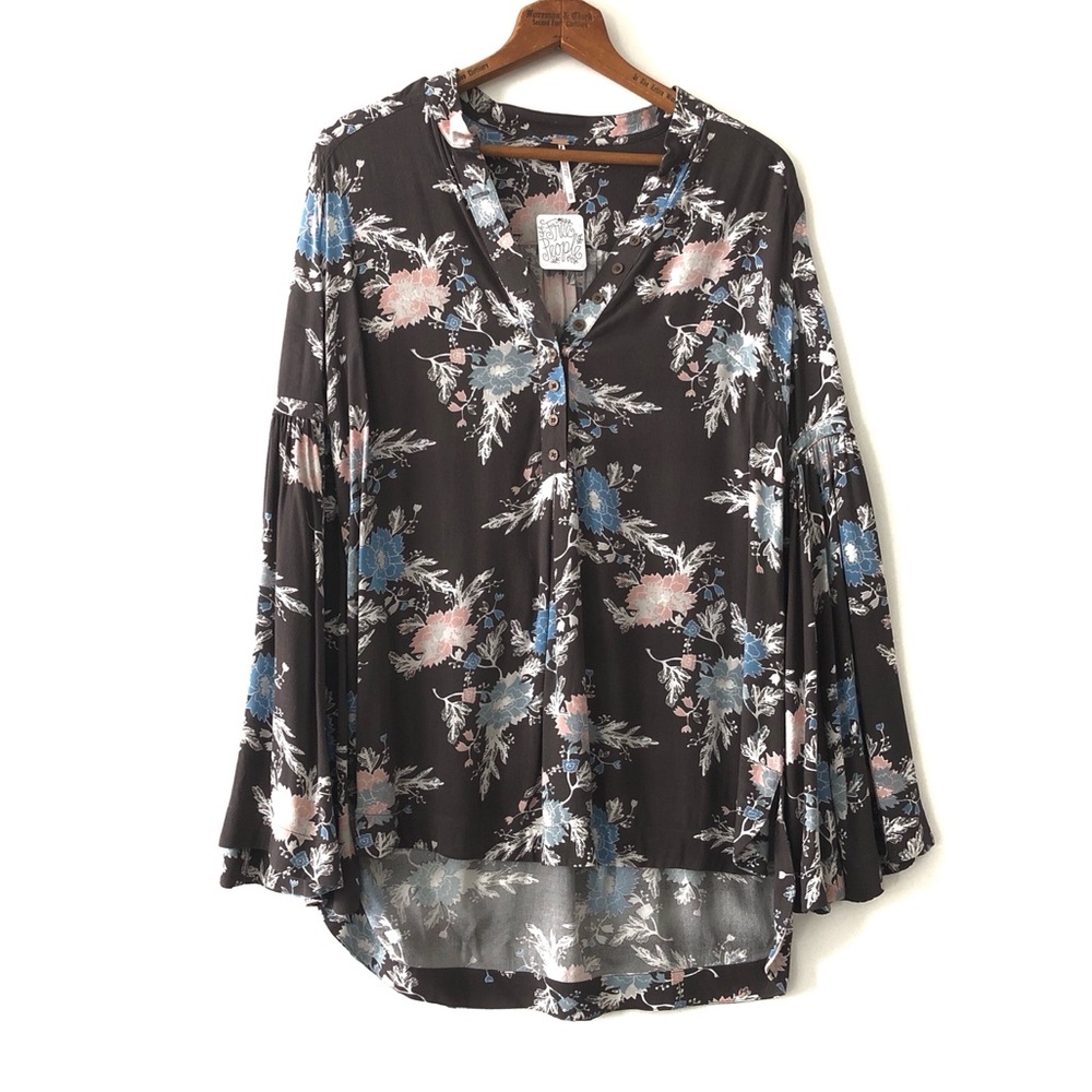 Free People Gray Blue Boho Tunic Top Floral Blowy